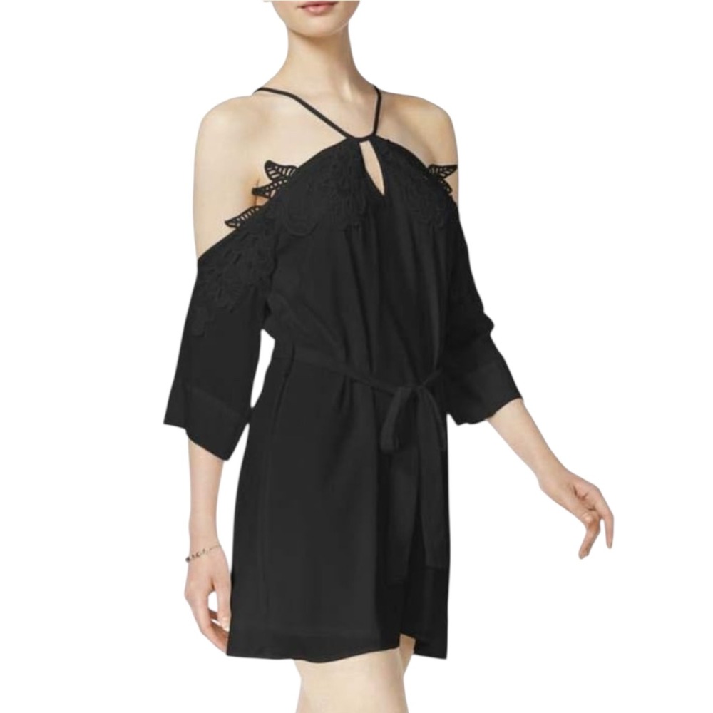 bar III Black Cold Shoulder Lace Halter Neck Dress Small LBD Cocktail Party Date